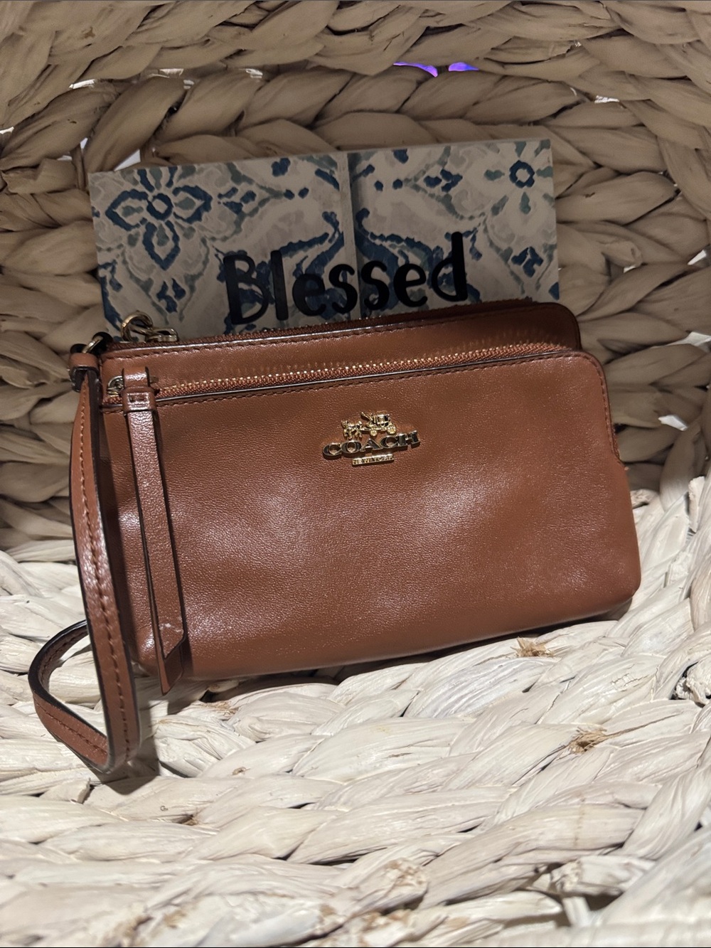 Coach Tan/Brown Leather Wristlet with Gold Logo
